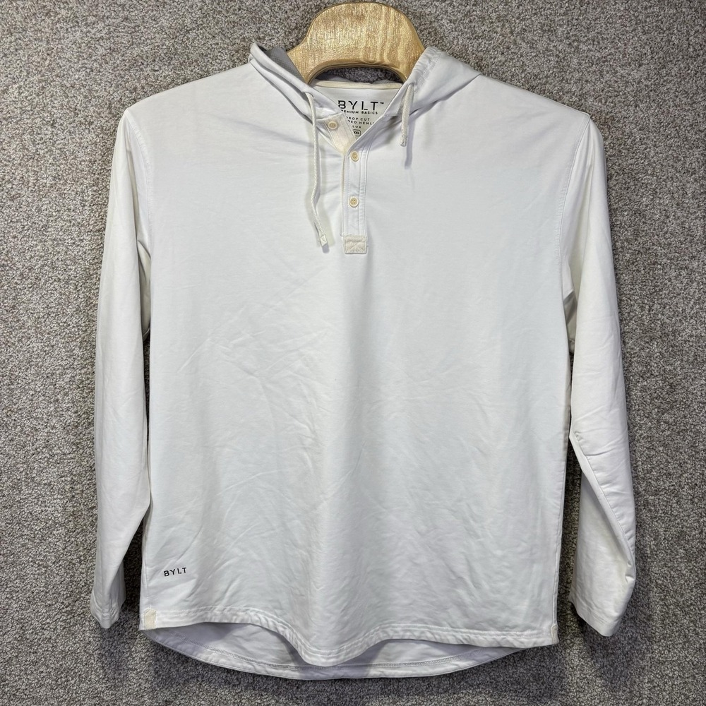 BYLT Shirt Mens 2XL White Drop-Cut Hooded Henley Long Sleeve Lux Tee Casual